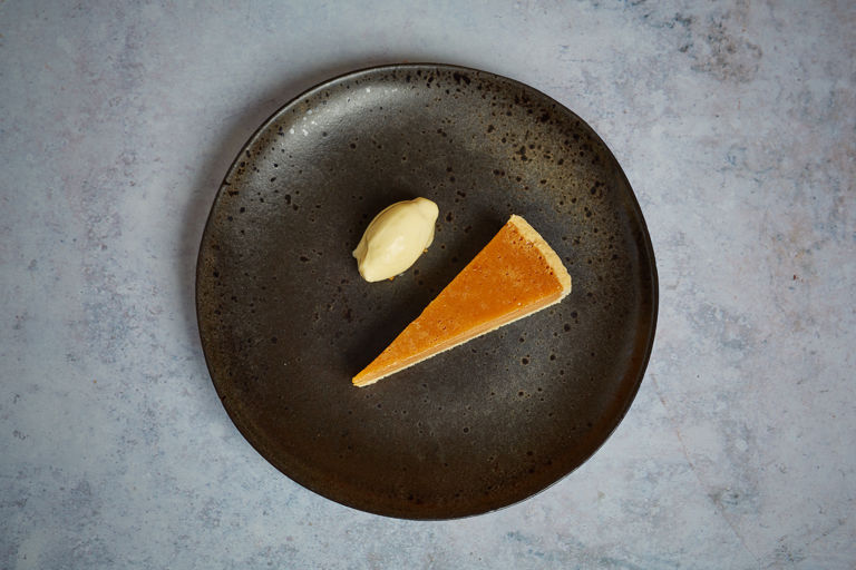 Salted caramel tart with banana and passionfruit sorbet