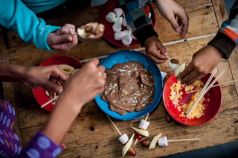 Messy chocolate fondue with marshmallow and banana dunkers