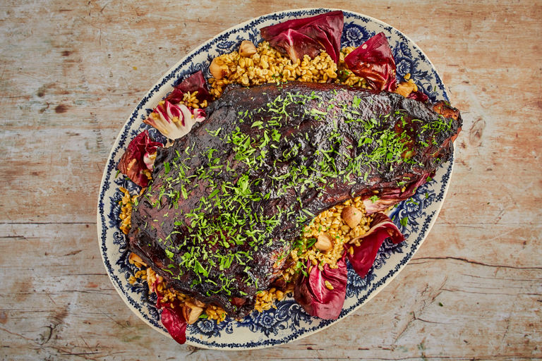 Balsamic glazed hogget shoulder with freekeh and grilled radicchio