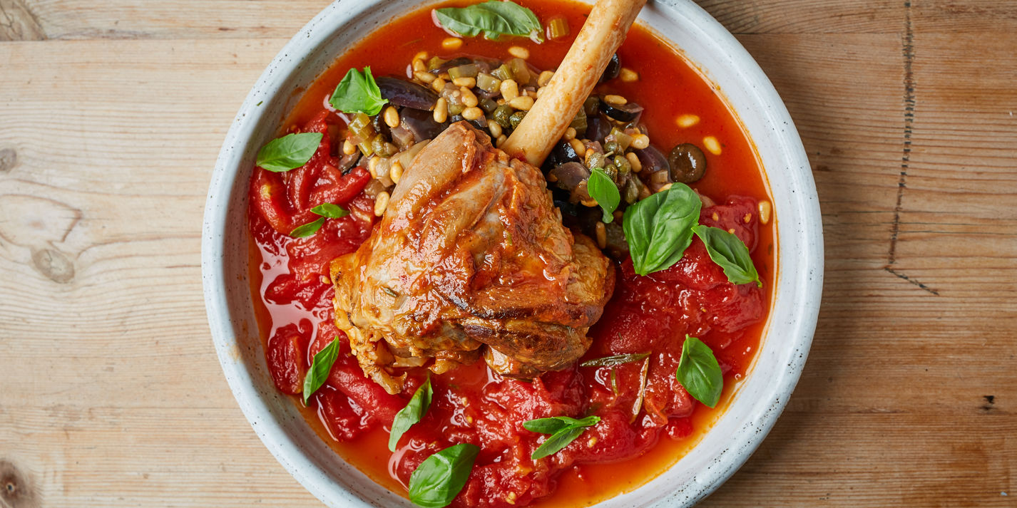Lamb Shank with Tomato Sauce and Caponata Recipe - Great British Chefs