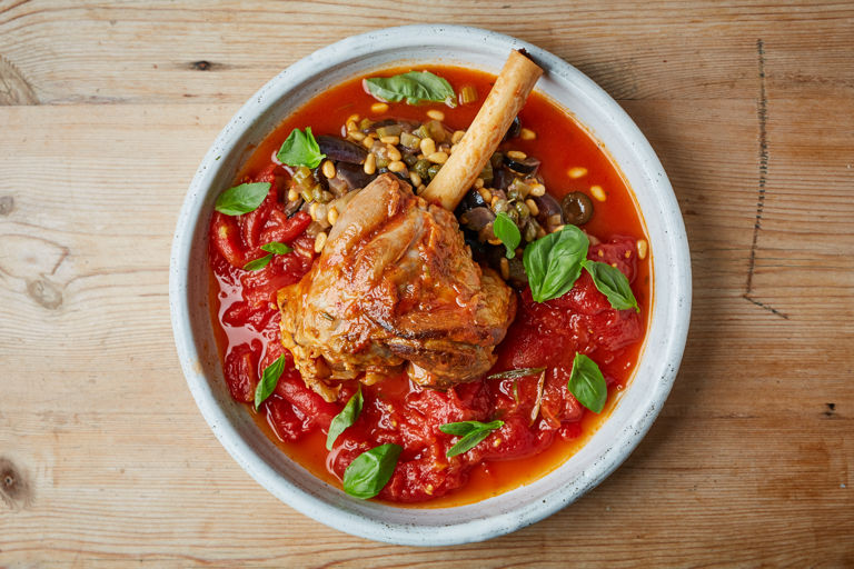 Lamb shanks braised with tomatoes and basil and aubergine caponata