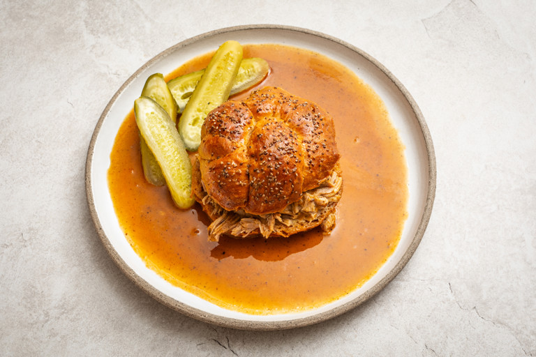 Maczanka krakowska (Kraków-style gravy-soaked pork sandwich)