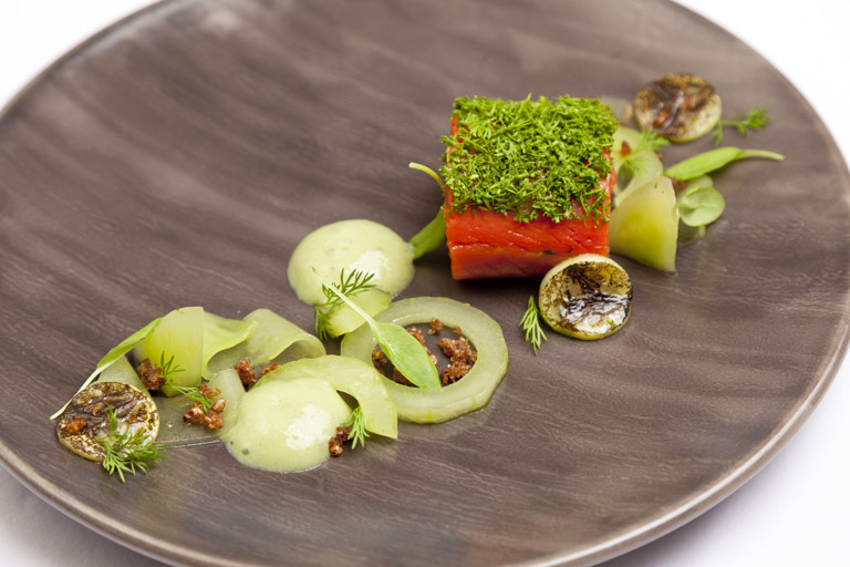 Gin-cured Alaska salmon with cucumber and wasabi emulsion