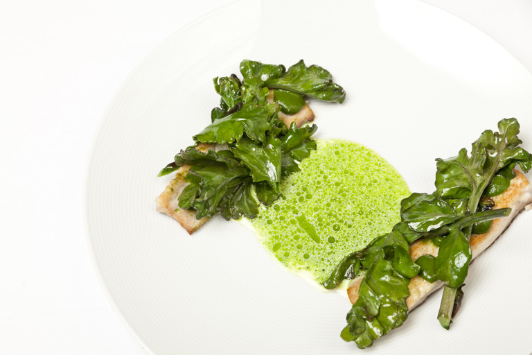 Grey mullet with nettle, sea kale, parsley and cream
