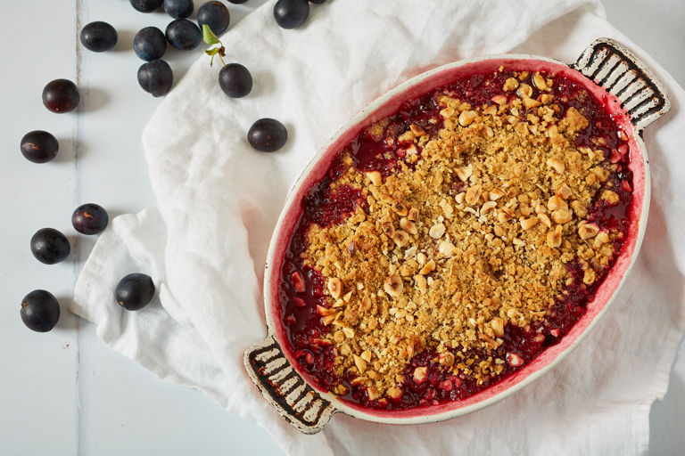 Damson crumble with hazlenut and khorasan topping