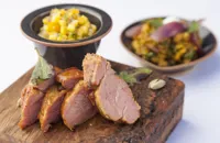 Sous vide lamb neck fillet with mango salsa and dhal