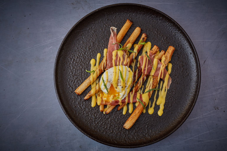 Roast salsify with parma ham and brown butter hollandaise 