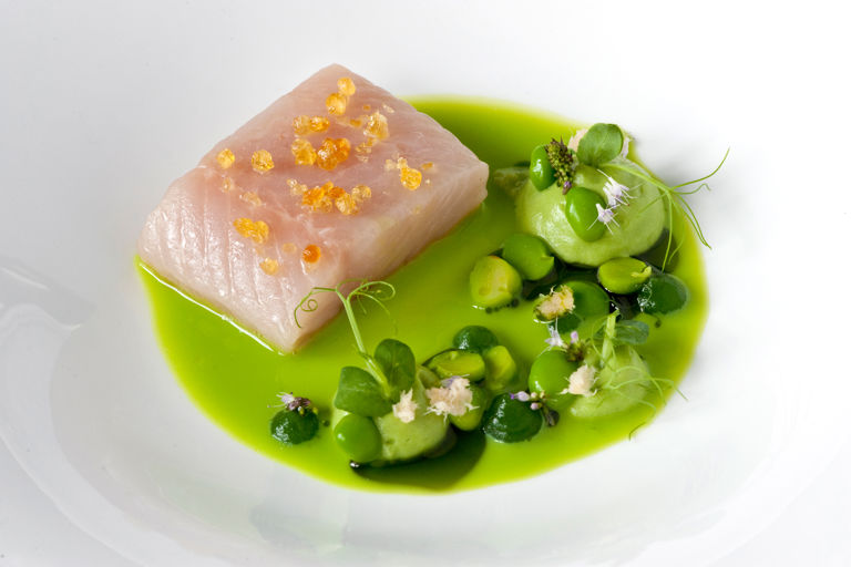 Char from Val Passiria with peas and horseradish