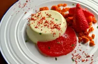 Cucumber panna cotta with strawberries, lemon thyme and honeycomb