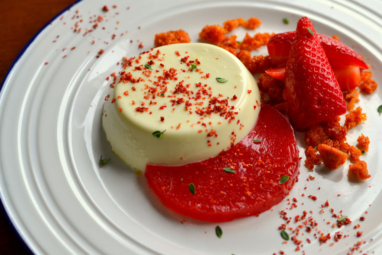 Cucumber panna cotta with strawberries, lemon thyme and honeycomb