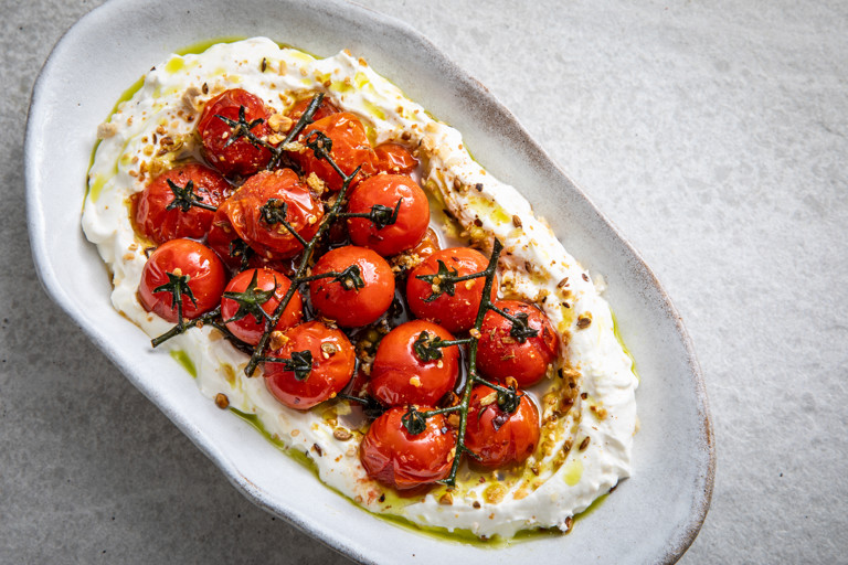 Roasted Piccolo tomatoes with labneh, dukkah and tomato vine oil