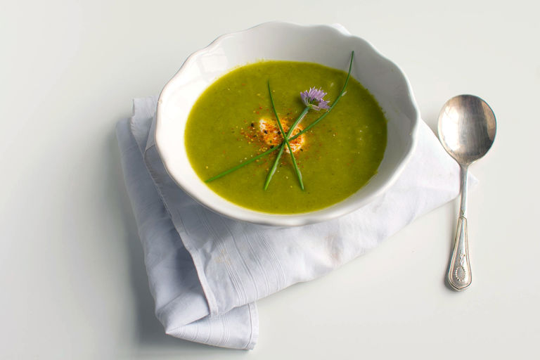 Summer cucumber soup with crème fraîche dusted with shichimi pepper 