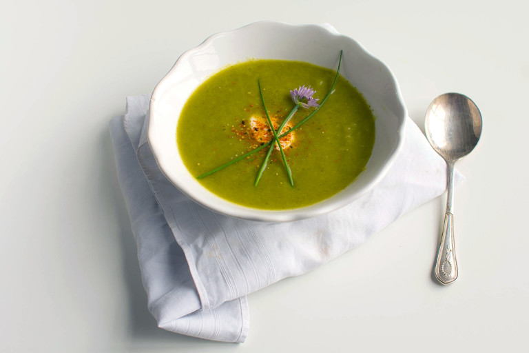 Summer cucumber soup with crème fraîche dusted with shichimi pepper 