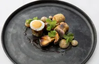 Roast quail, herbs and fried egg