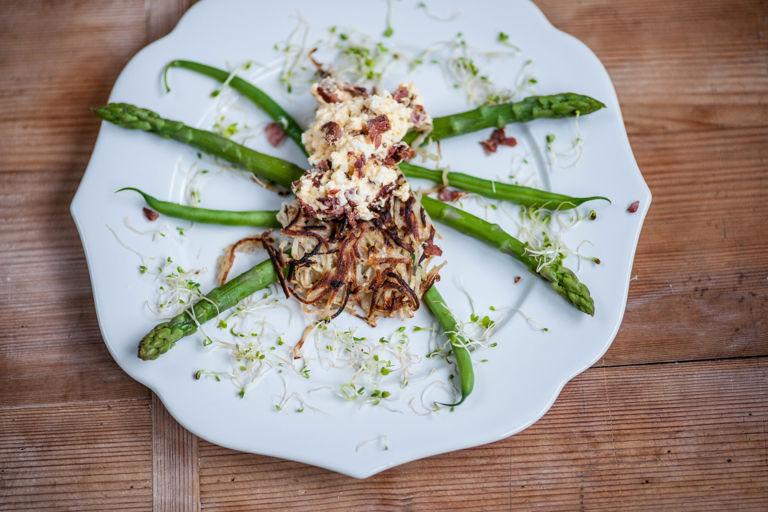 Potato and celeriac spider with bacon and egg mayonnaise