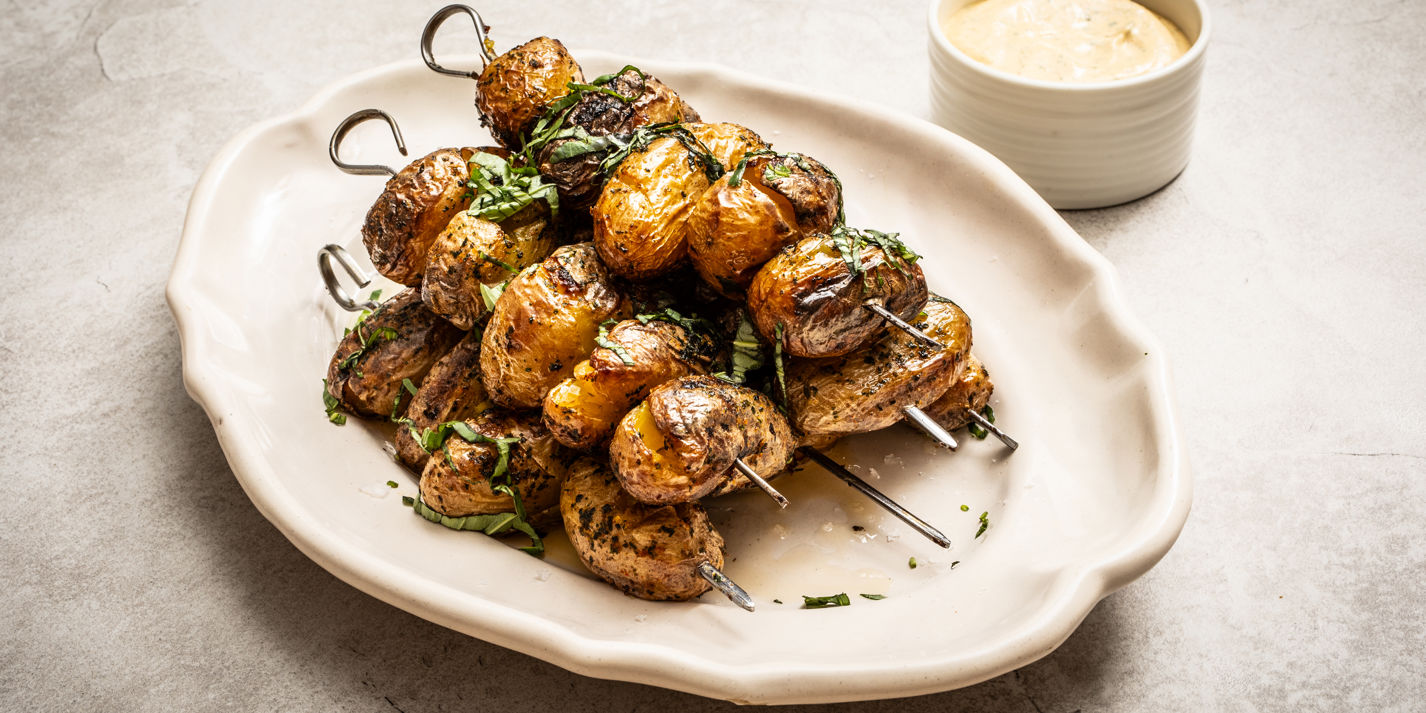 Barbecued Potato Skewers With Basil Mayo Recipe - Great British Chefs