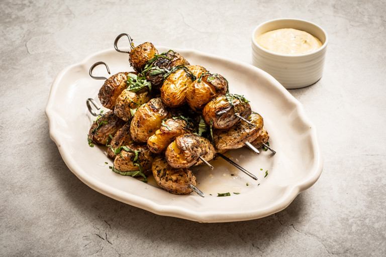 Barbecued potato skewers with basil mayo