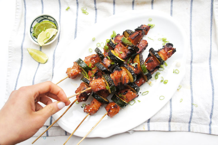 Chilli garlic pork and courgette skewers