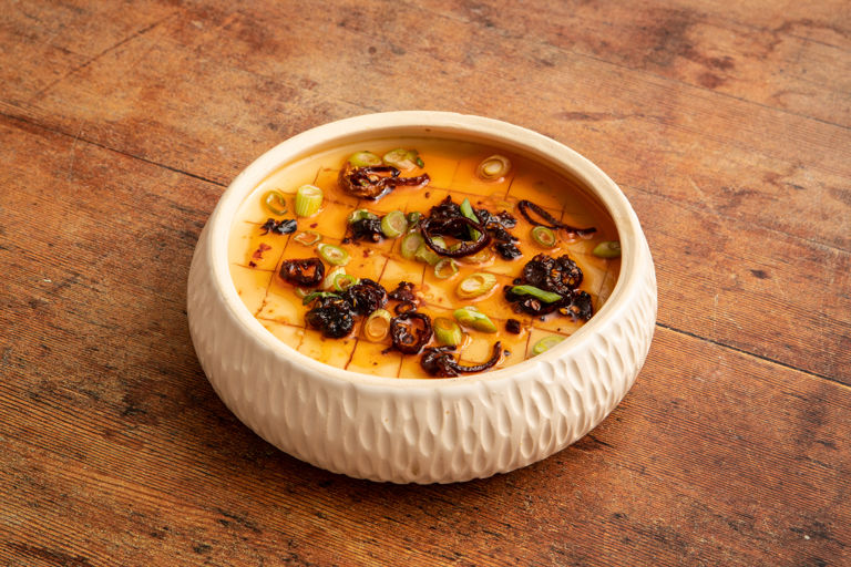 Chawanmushi-inspired steamed eggs with crispy shallot chilli oil 