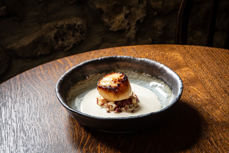 Scallop with sautéed celeriac and malt vinegar butter sauce