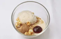 Tonka bean panna cotta with popcorn crumble and soy sauce gel