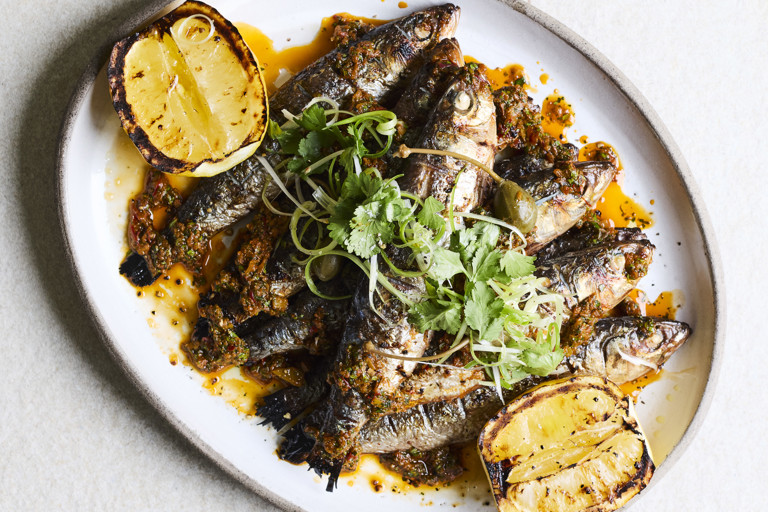 Grilled sardines with red chermoula