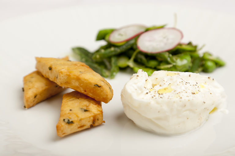 Burrata with summer salad and chickpea fritters