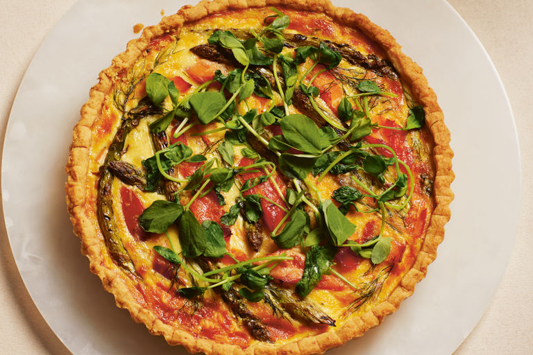 Asparagus, hot-smoked trout and pea shoot tart