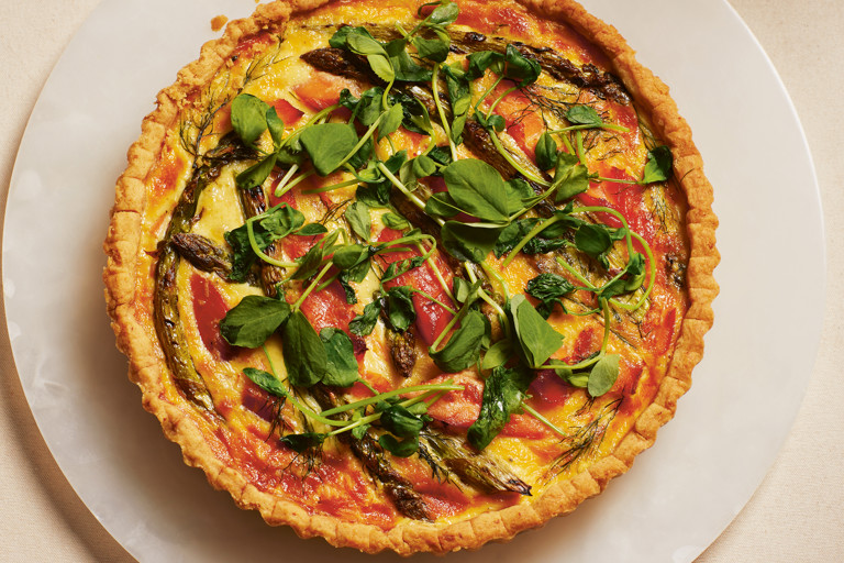 Asparagus, hot-smoked trout and pea shoot tart