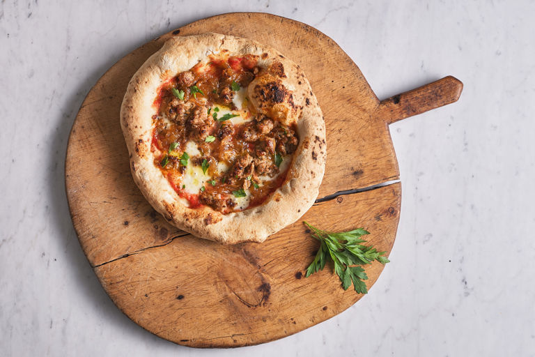 Sausage and caramelised onion pizza