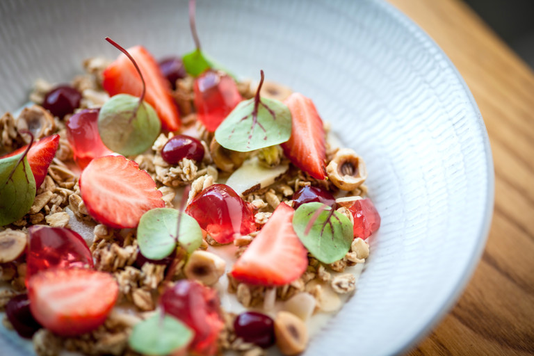 Strawberries with set vanilla yoghurt and sorrel