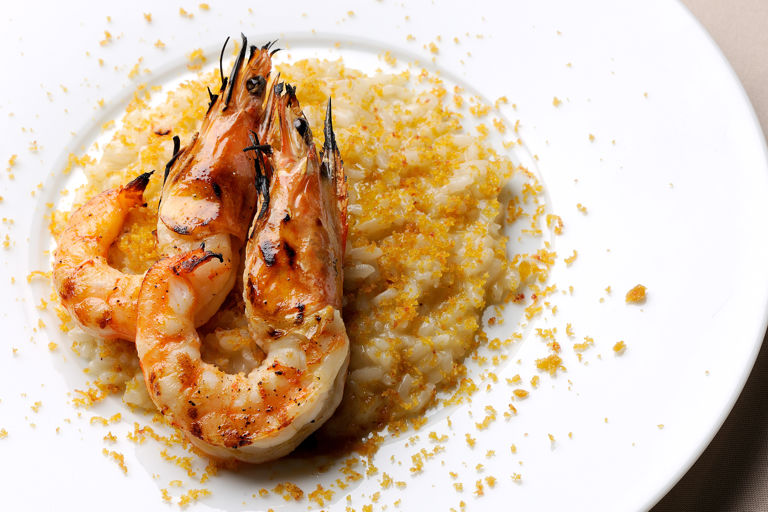 Grilled prawns and poutargue risotto