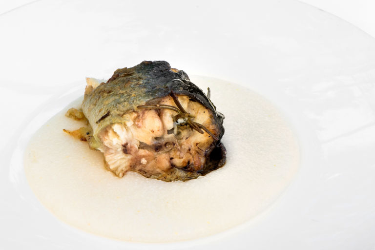 Roast eel with garlic, rosemary and white polenta