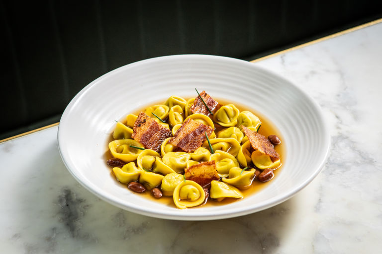 Borlotti bean tortellini with guanciale broth