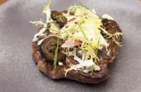 Ribeye steak with chicory, blue cheese and pickled walnuts