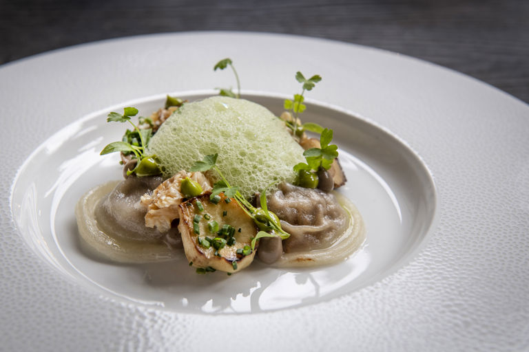 Wild mushroom dumplings with wasabi foam