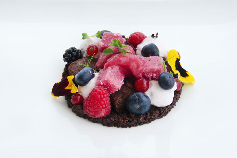 'Undergrowth' - chocolate brownie with berries, radish sorbet and lavender marshmallow
