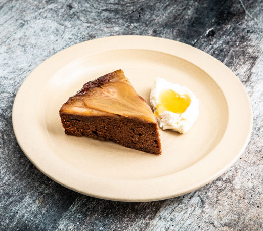 Chocolate upside-down cake with poached pears
