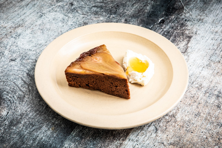Chocolate upside-down cake with poached pears