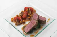 Herb crusted loin of lamb with chickpeas, confit tomato, artichoke and goat’s cheese