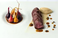 Loin of venison with soy glazed baby beets and roasted turnip purée