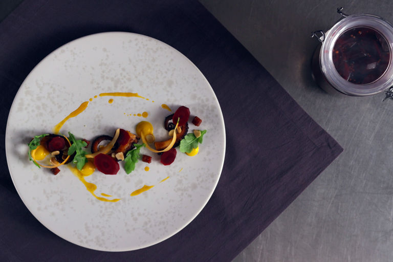 Octopus, chorizo and pickled purple carrots