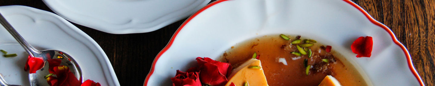 Flan with rose syrup