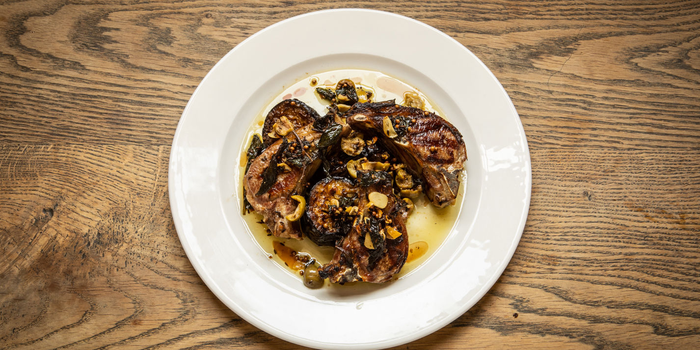 Grilled Lamb Chops, Aubergines, Green Olives and Mint Recipe