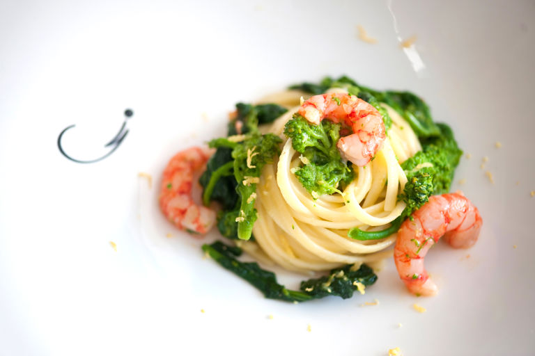 Linguine with broccoli rabe and Sicilian red prawns