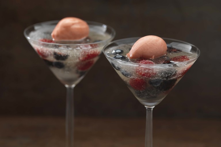 Elderflower jelly with summer berries and strawberry sorbet