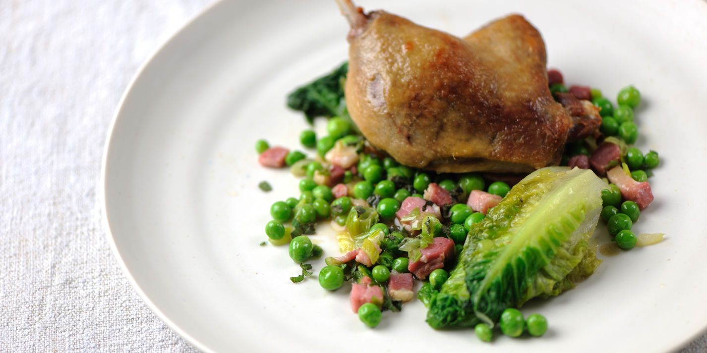 Braised Duck Leg Recipe, Peas, Bacon & Mint - Great British Chefs