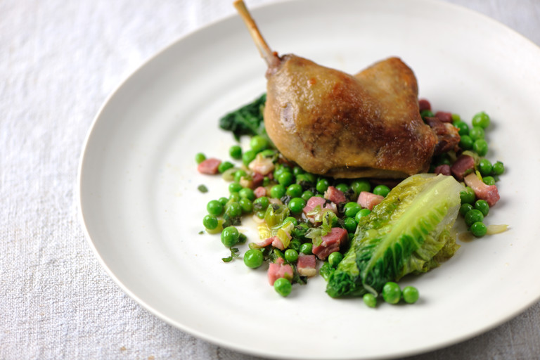 Braised duck leg, sweet young peas, lettuce, bacon and mint