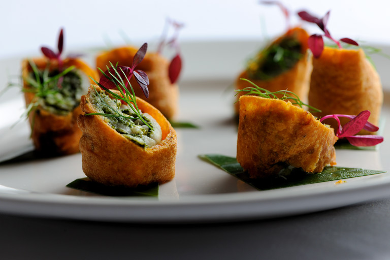 Tilapia and mint chutney rolls in a gram flour batter 