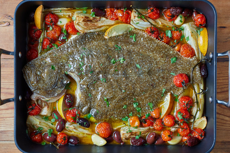 Baked brill with fennel and Piccolo cherry tomatoes